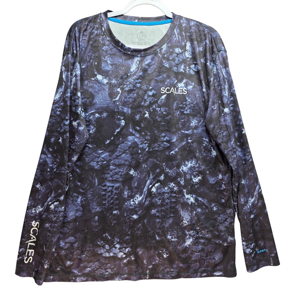 Scales Gear Mens Pro Performance Fishing Shirt Blue Camo SPF 50 XL Long Sleeve